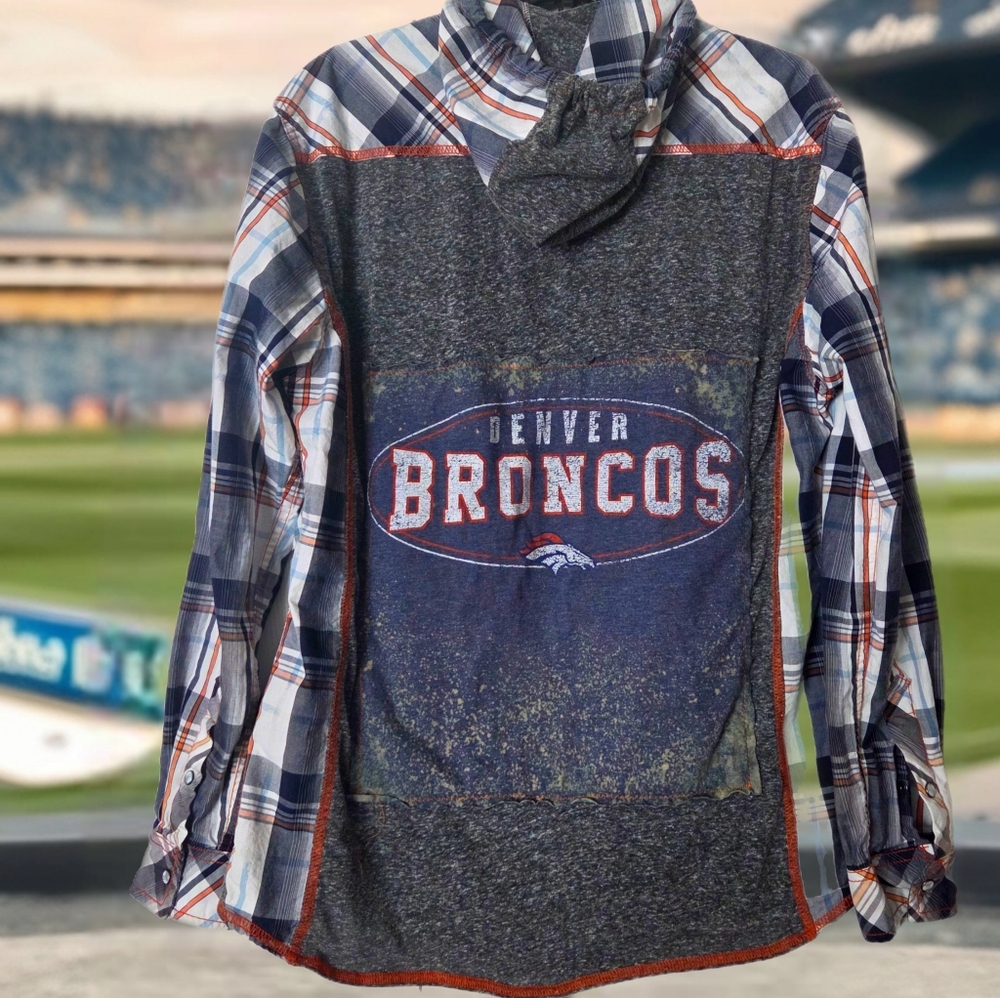 Upcycled BRONCOS hoodie Distressed Plaid Shirt